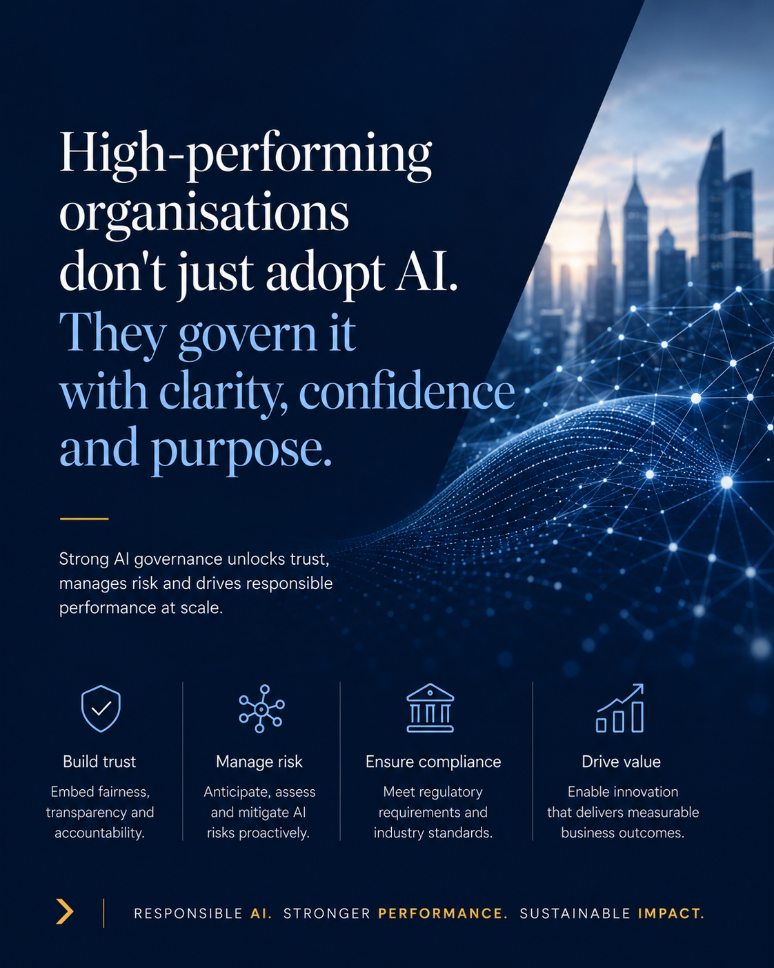 AI governance poster summarising trust, risk, compliance, and value